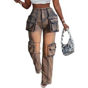 Women Cargo Jeans Denim High Rise Zipper Slit Multi Pockets Streetwear